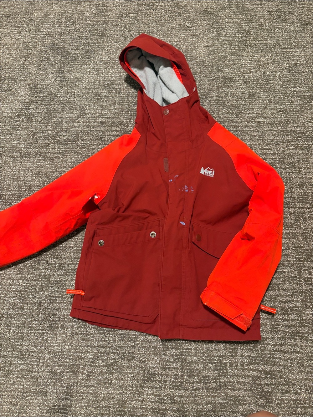 REI Kids' Two-Tone Red and Orange Hooded Raincoat